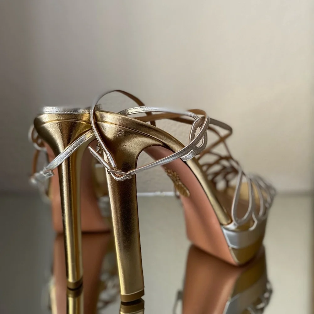 New AQUAZZURA Monroe Plateau 130 Two-Tone Metallic Leather Platform Sandals